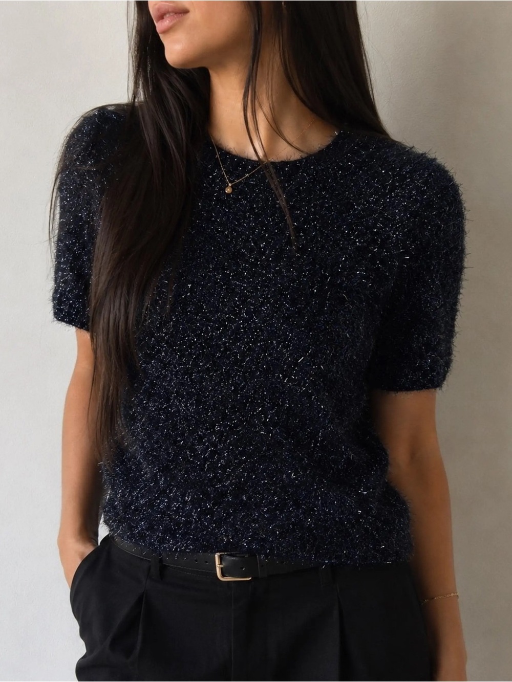 Rachel Zoe Fuzzy Sparkle Short-Sleeve Sweater Top